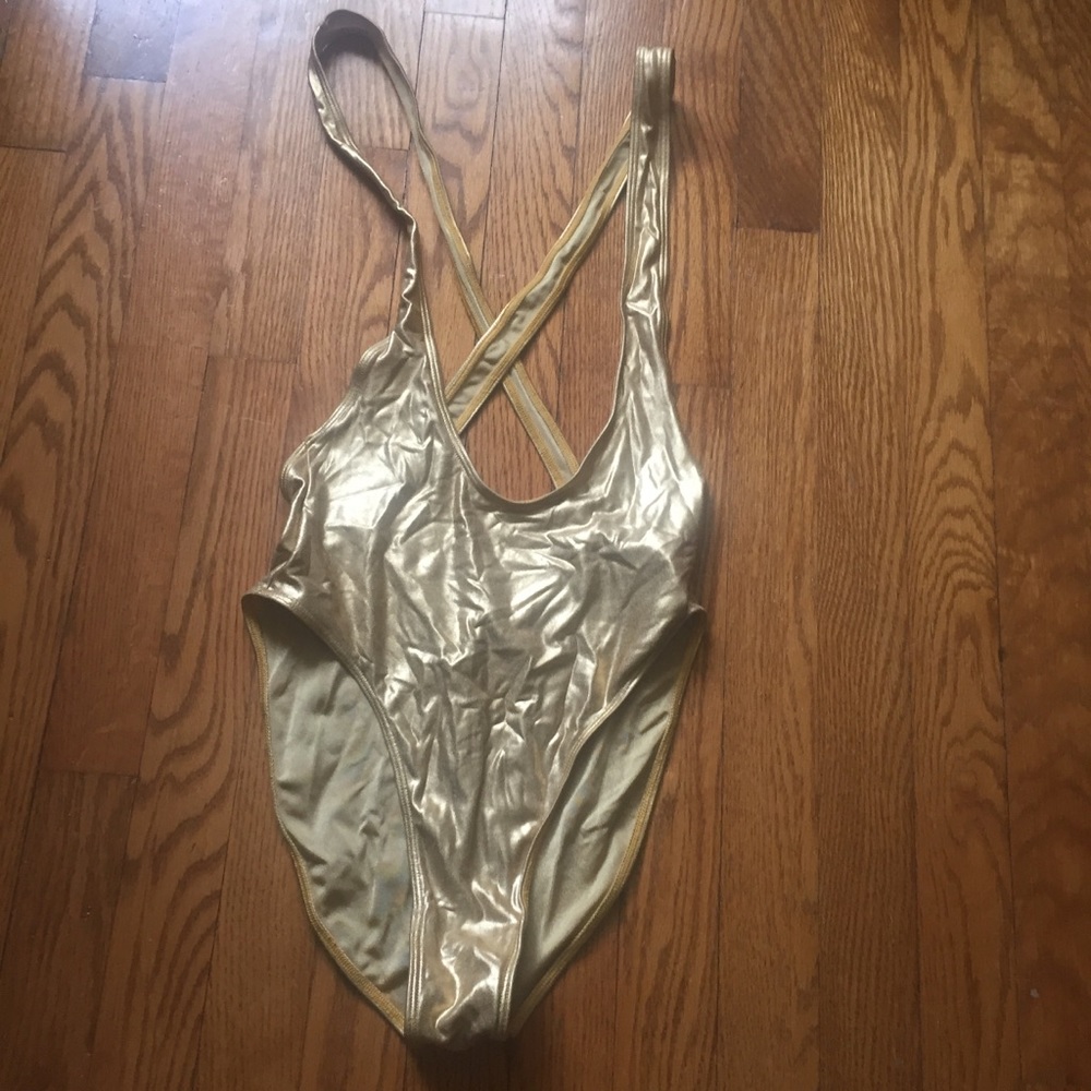 American Apparel Gold Lamé Suspender Swimsuit
